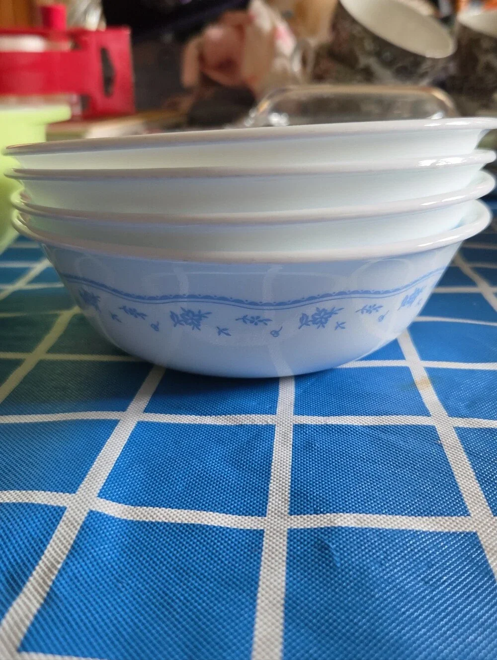 Corelle By Corning White Cereal Bowls, Set Of 4, Blue Floral Pattern